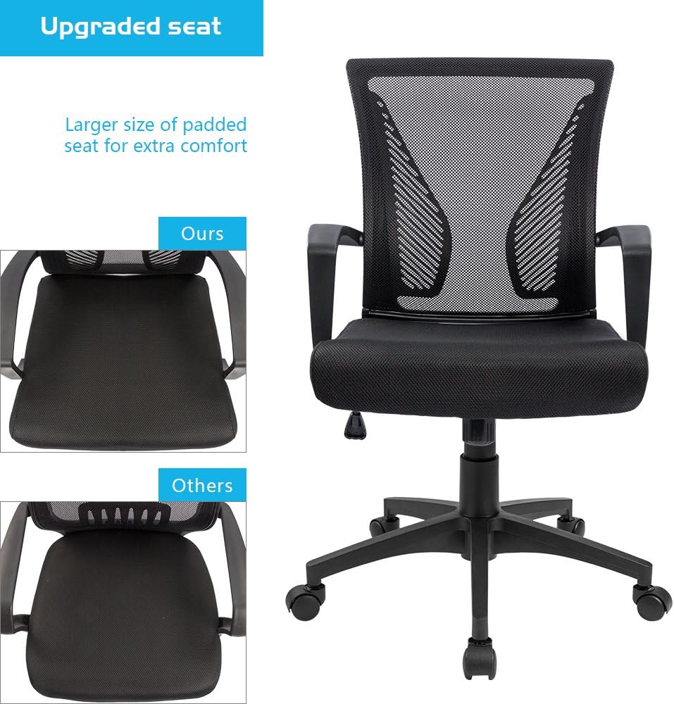 Office Chair Ergonomic Computer Desk Mesh Chair Mid Back Swivel Lumbar Support with Armrest (1, Black)