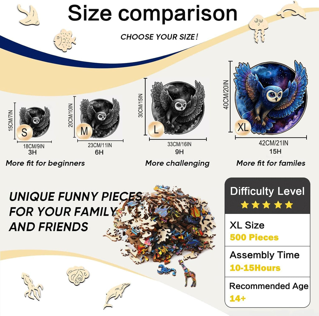 Wooden Jigsaw Puzzles for Adults - Unique Shape Starry Night Owl Puzzle, Irregular Fantasy Animal Pieces, High