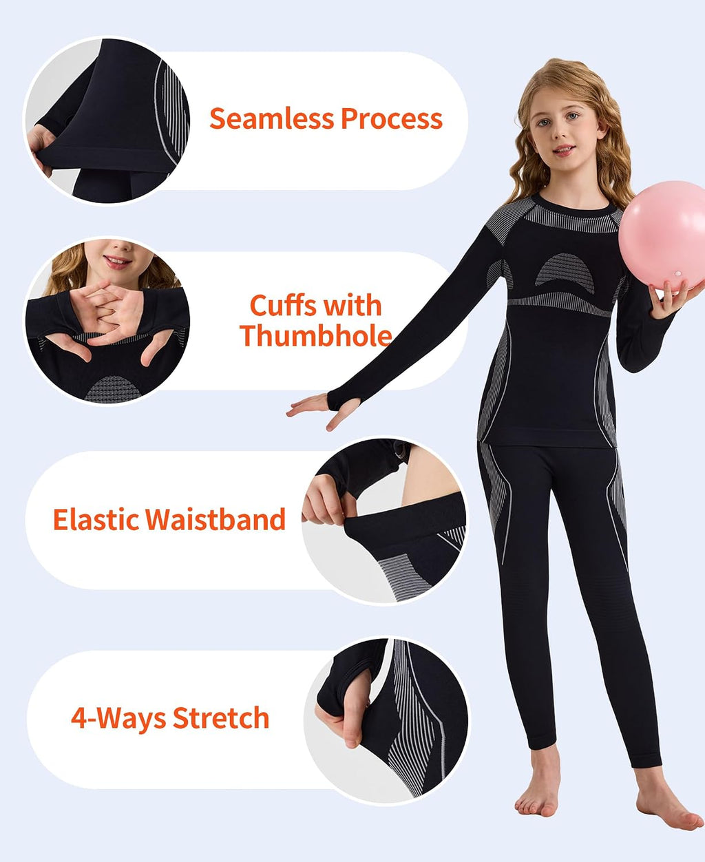 Seamless Thermal Underwear for Kids Ski Base Layer Long Johns Set | Heat Retention, Quick Dry, Moisture Wicking