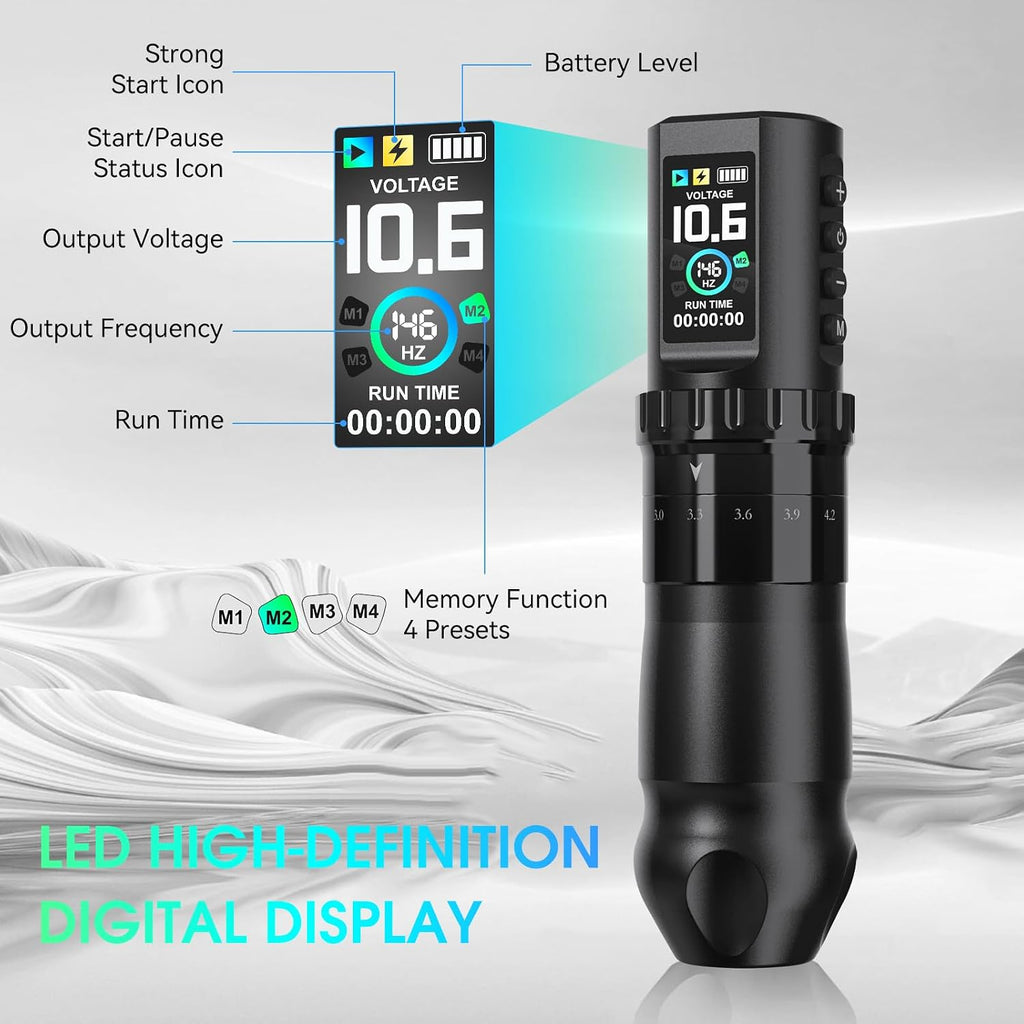 Gun, Rotary Tattoo Pen with 2 Pcs 1800mAh Large Capacity Batteries, 7 Adjustable Stroke Lengths, High Torque Motor &