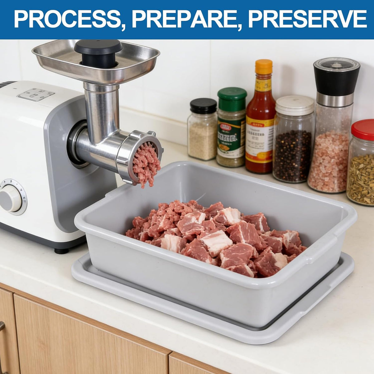 3-Pack Plastic Bus Tub, 13 L Plastic Meat Lug with Lid, Gray