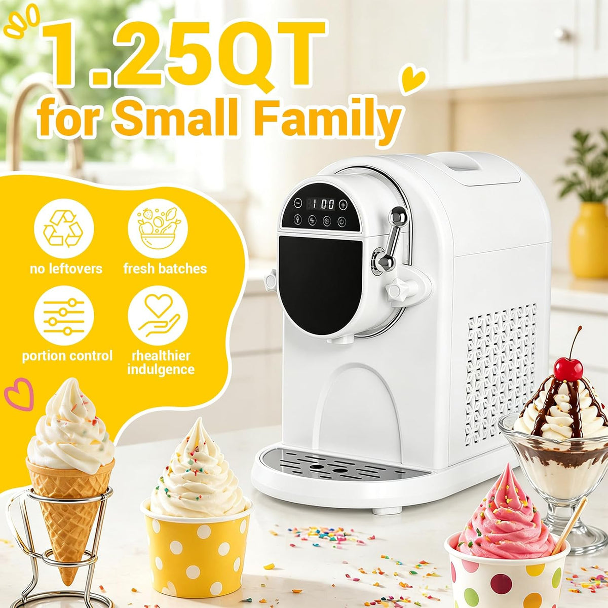 Countertop Soft Serve Ice Cream Machine 1.25Qt, No Pre-Freezing