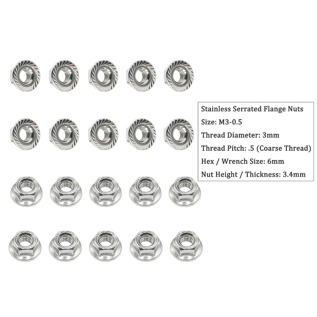 M3 x 0.5 Stainless Steel Serrated Hex Flange Nuts M3-0.5 (20PCS)