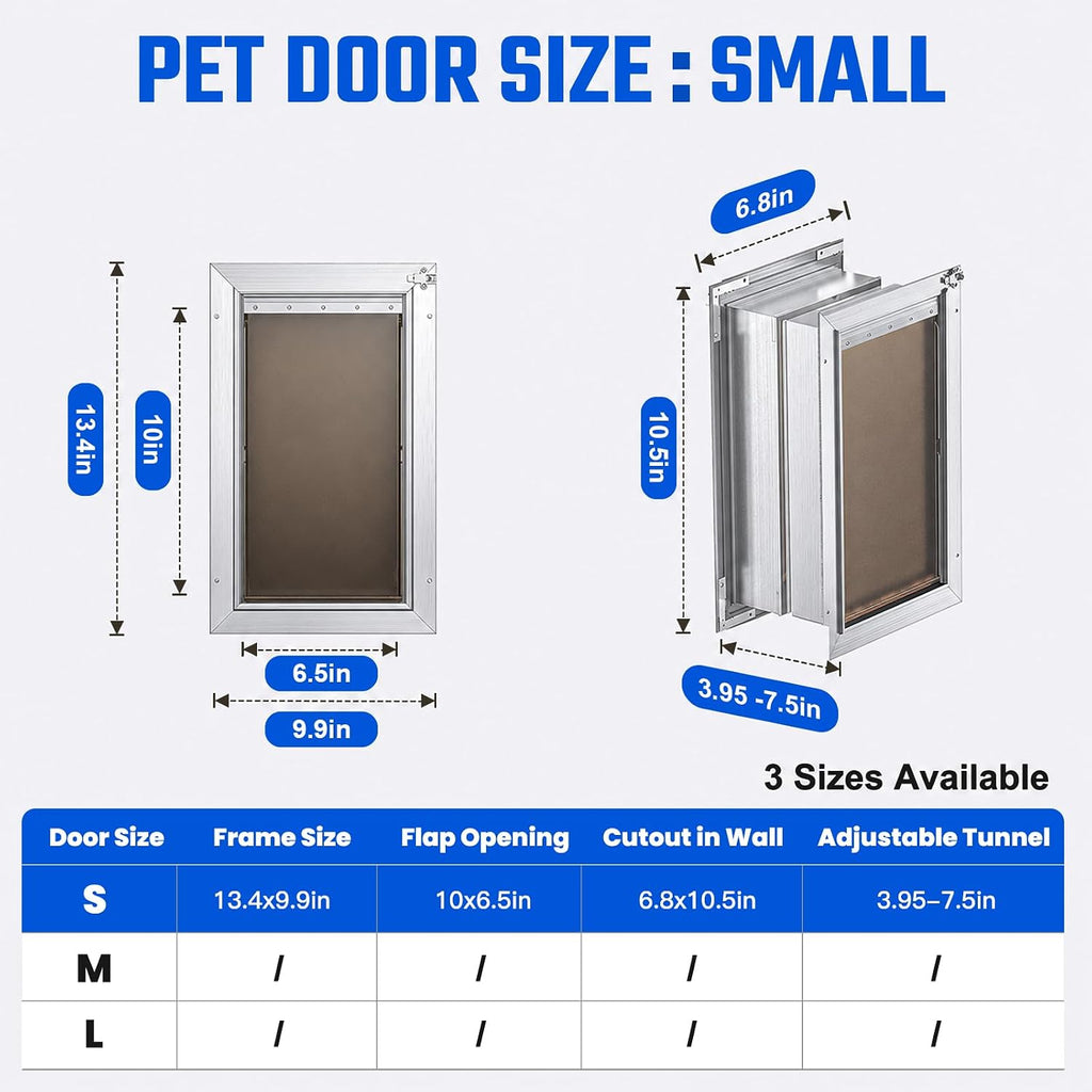 Cat Door for Wall, Small Pet Door, Heavy Duty Doggy Door, All Aluminum Frame, 2 Magnetic Flaps, Energy Efficient