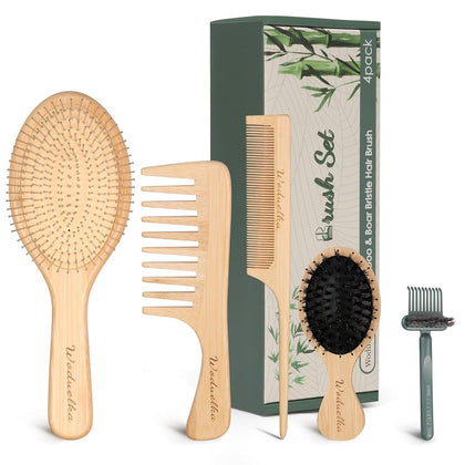 Metal Bristle Hair Brush Set, Detangling & Scalp Massage Comb Set | 5 pack Bamboo Hair Brush Set with Steel Bristles