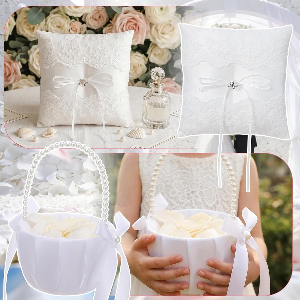Wedding Flower Girl Basket and Ring Bearer Pillow Set 200 Ivory Rose Petal
