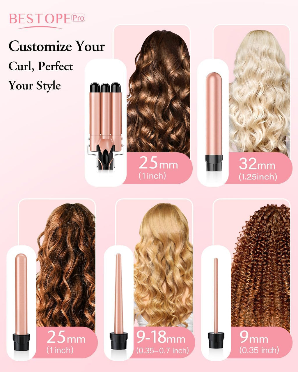 Waver Curling Iron Wand, BESTOPE PRO 5 in 1 Curling Wand Set with 3 Barrel Hair Crimper for Women, Fast Heating Hair