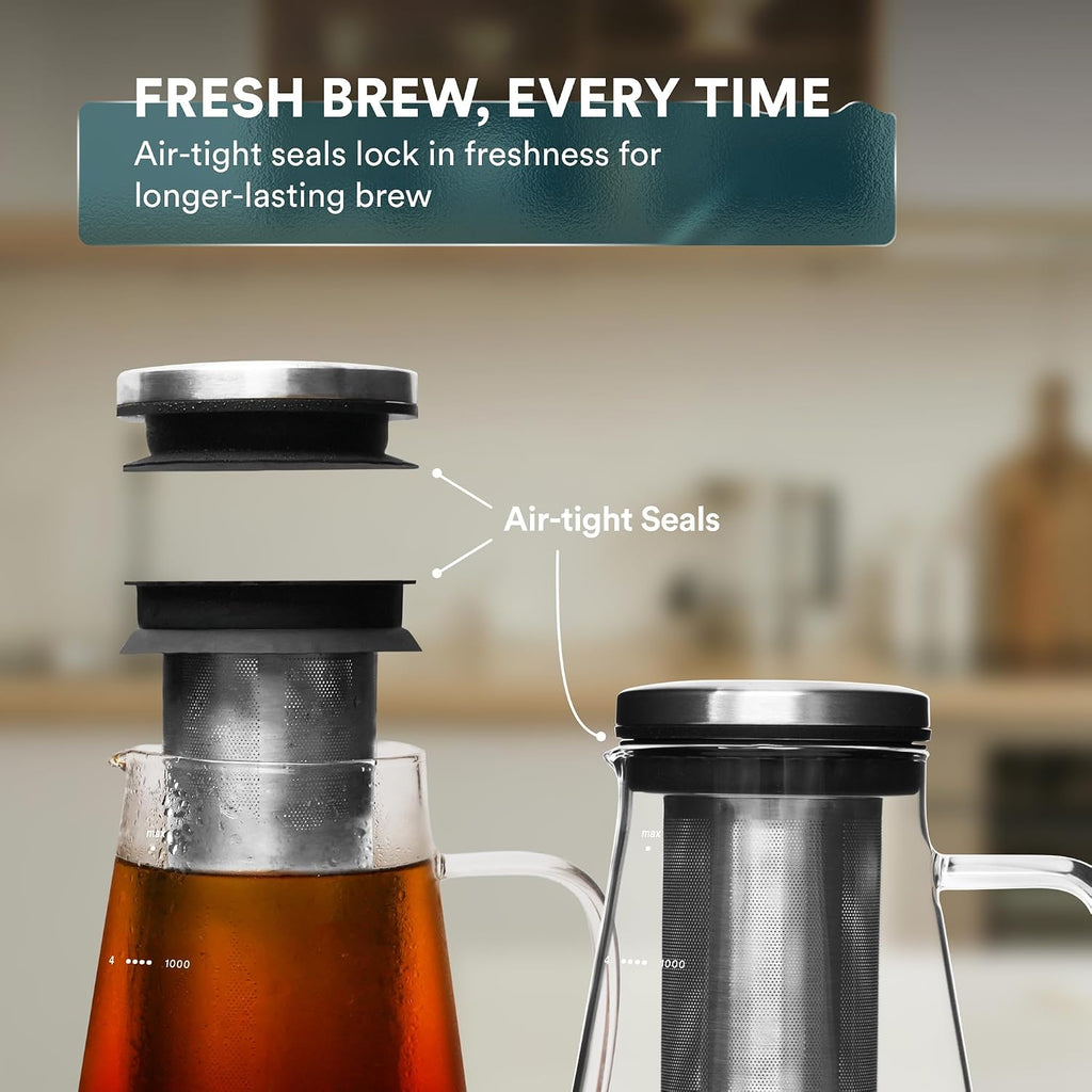 Airtight Cold Brew Iced Coffee Maker Pitcher and Tea Infuser with Spout - 1.0L / 34oz Ovalware RJ3 Brewing Glass