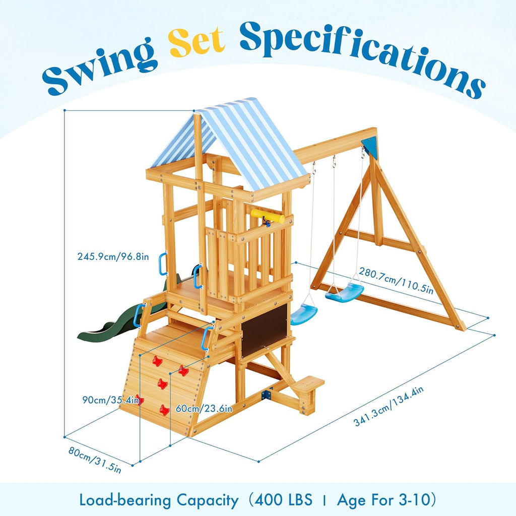 Swing Sets for Backyard, Wooden Swing Set, All-in-One Kids Outdoor Play Equipment with Two Swings, Slide, Rock