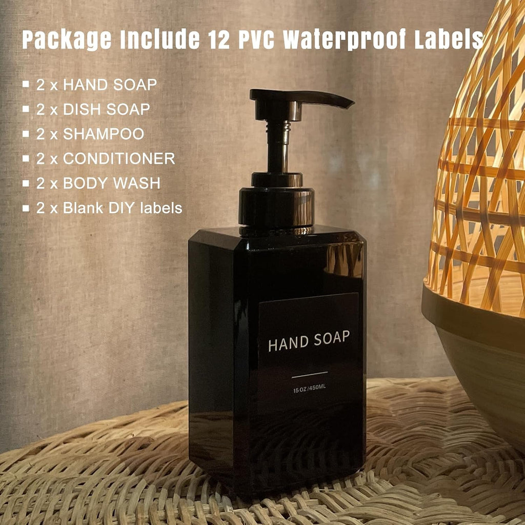 Black Soap Dispenser with Waterproof Labels, Thickened Plastic Hand Soap Dispenser for Bathroom, Kitchen Dish Washing
