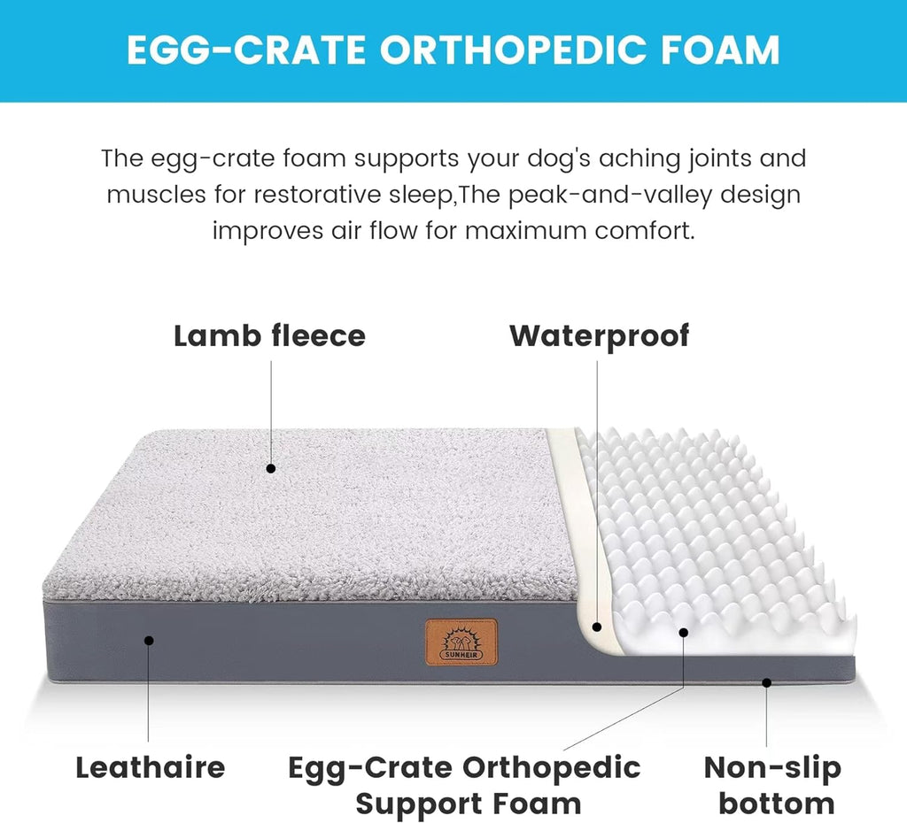 Orthopedic Dog Bed for Large Dogs - Big Waterproof Dog Crate Bed with Removable Washable Cover, Egg Crate Foam