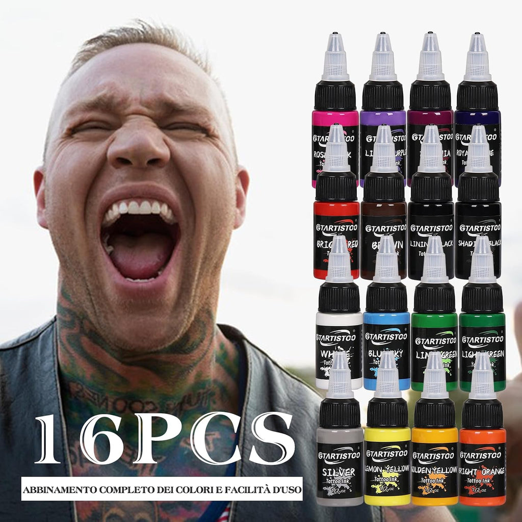 Tattoo Ink Set 16 Colors 0.5oz (15ml) Pigment Supplies Kit for Beginners