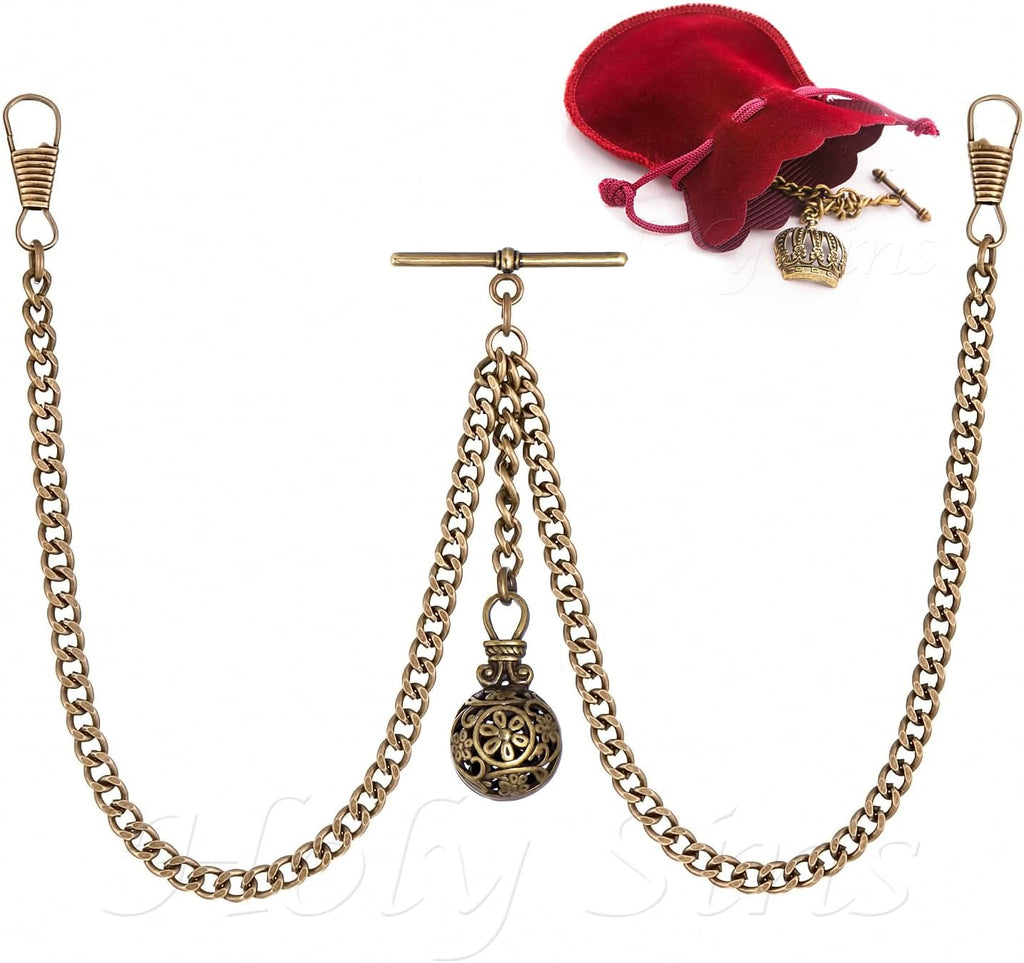Made in The UK Bronze Colour Double Albert Pocket Watch Chain with Hollow Pendant