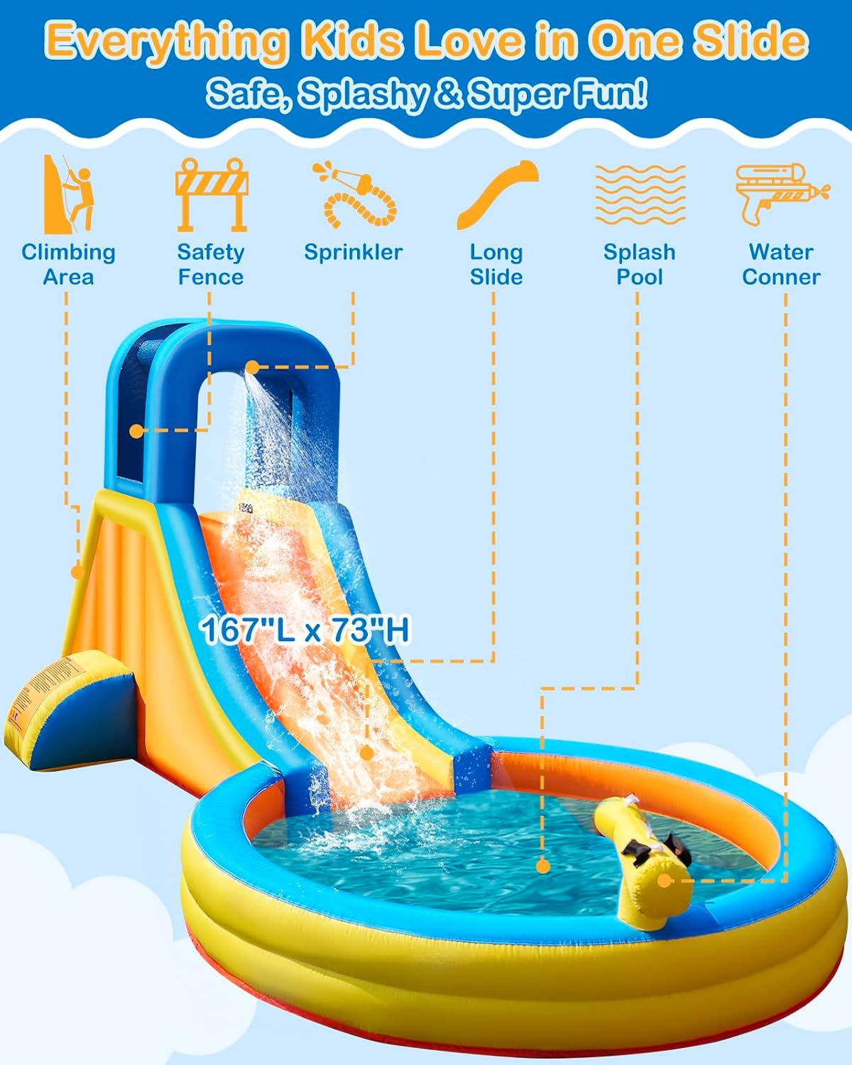 Inflatable Water Slide for Kids – 5-in-1 Blow Up Bounce House with Long Slide, Climbing Wall, Splash Pool, Water