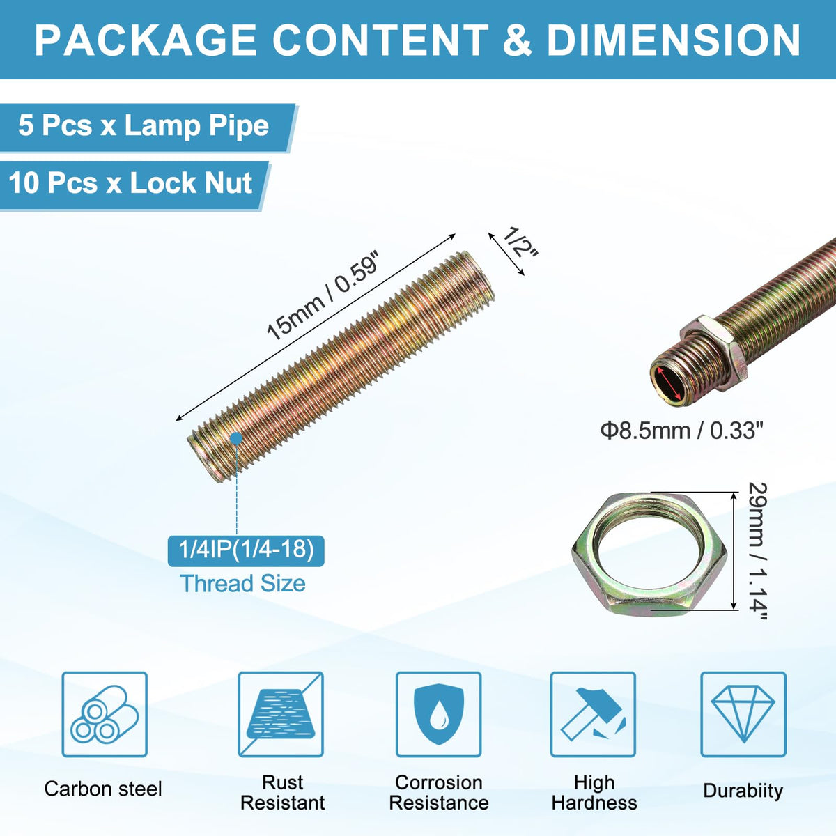 uxcell 5Pcs 1/4IP 0.6" Lamp Pipe Nipples with Lock Nut 1/4-18 Threaded