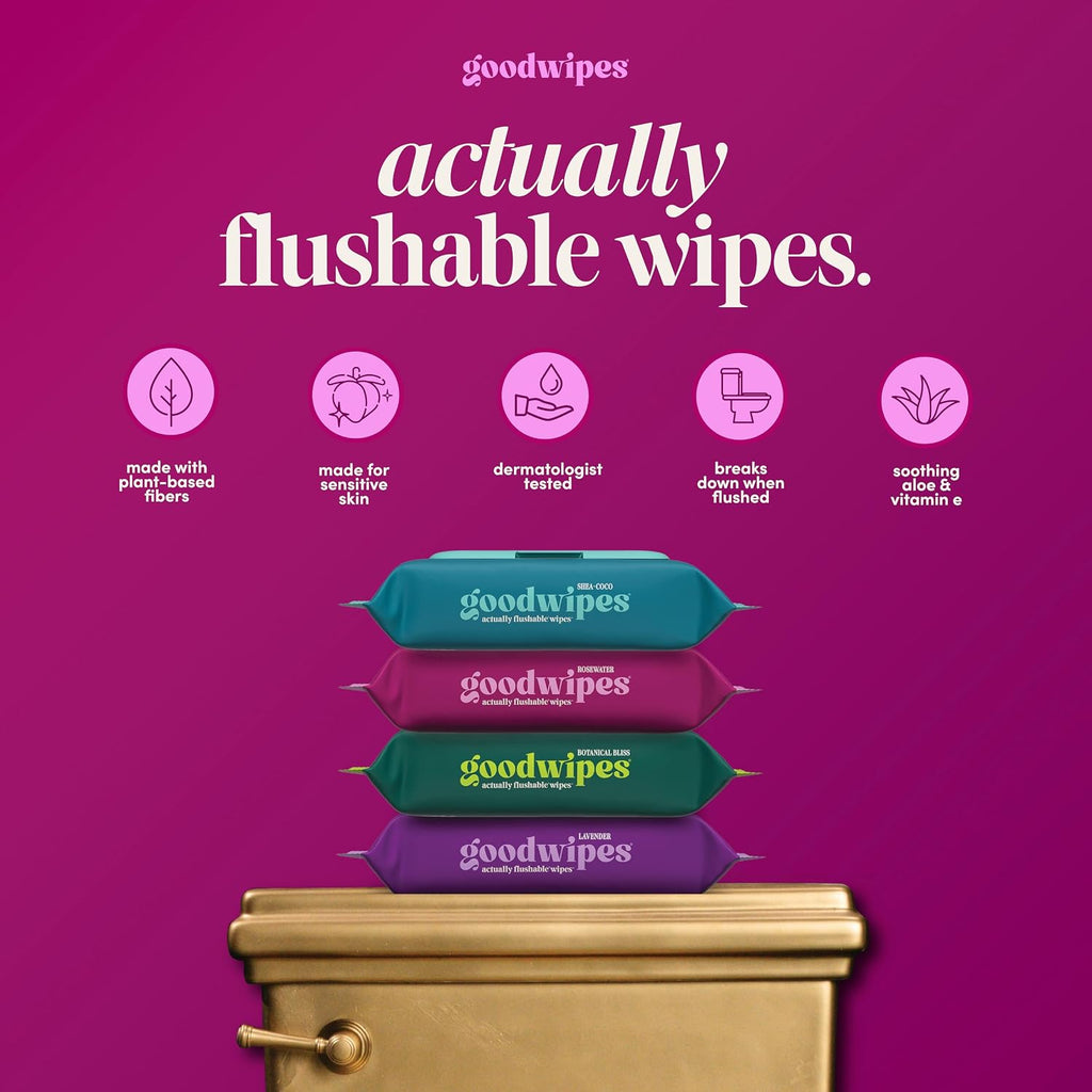 Flushable Wipes - Rosewater, 153 Wipes (3 Pack + 3 Singles)