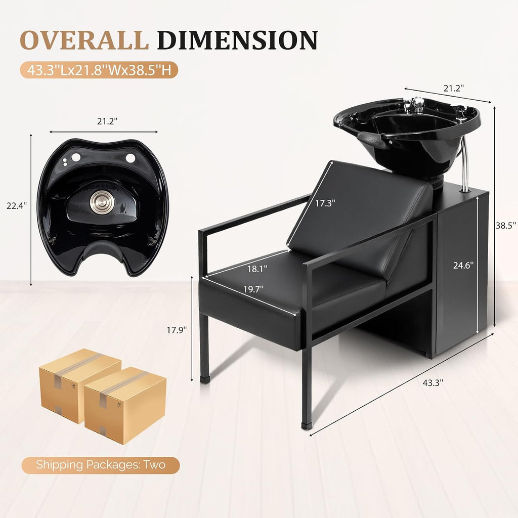 Salon Shampoo Bowl and Chair, Hair Washing Station w/Tilting Sink & Storage Cabinet, Backwash Barber Chair for