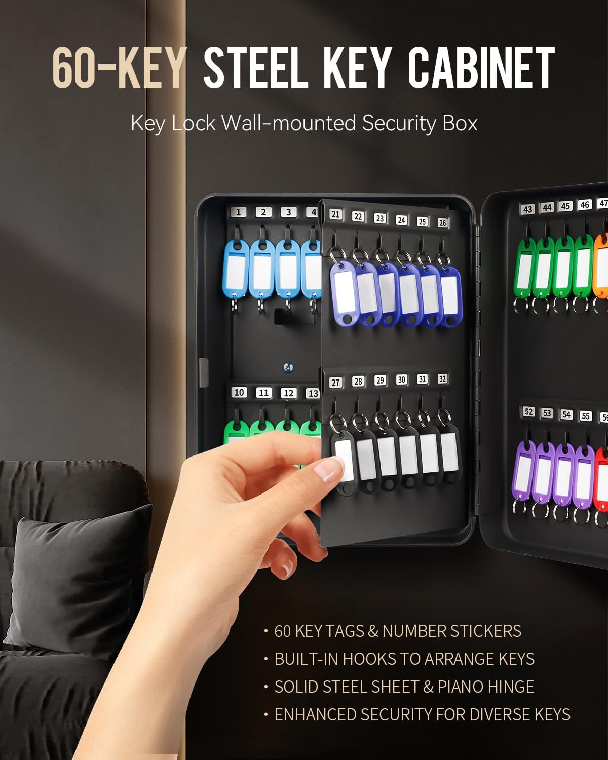60 Position Key Cabinet with Key Lock Wall Mounted Black Security Storage Box Steel Key Organizer with Colorful Key