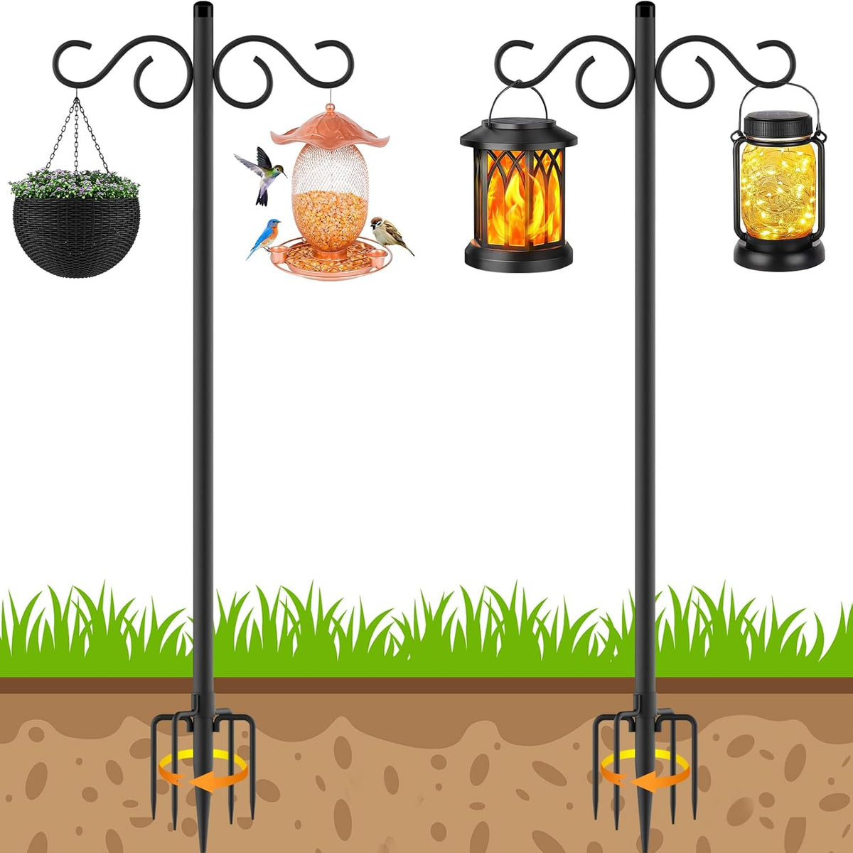 90 Inch 2 Pack Adjustable Shepherds Hooks for Outdoor with 5 Prong Base Heavy Duty Outdoor Garden Shepherds Hooks