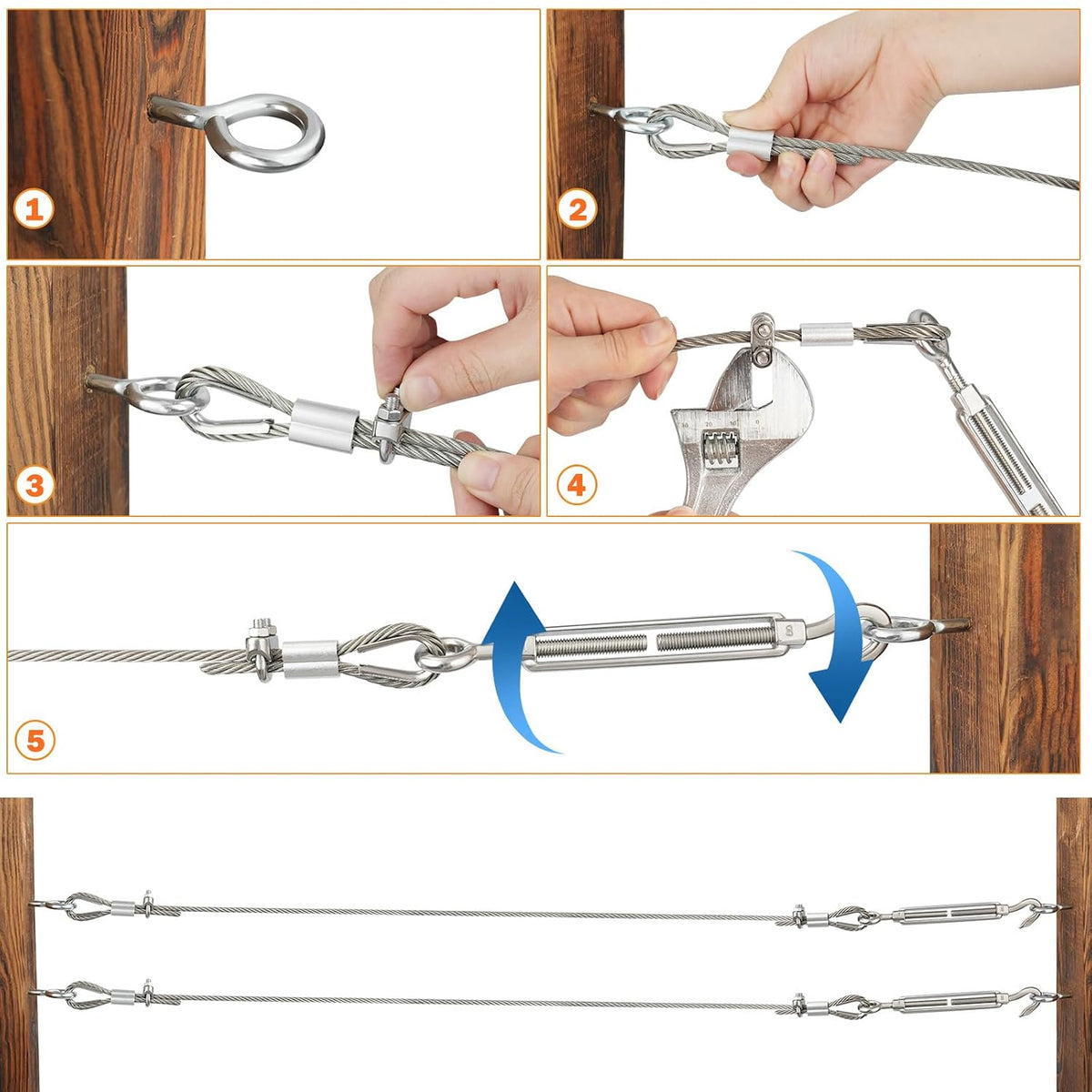 50ft 1/8" Stainless Steel Cable Wire Rope with Turnbuckle Tensioner Kit, M6 Turnbuckle for Cables Wire, Anti Sag Gate