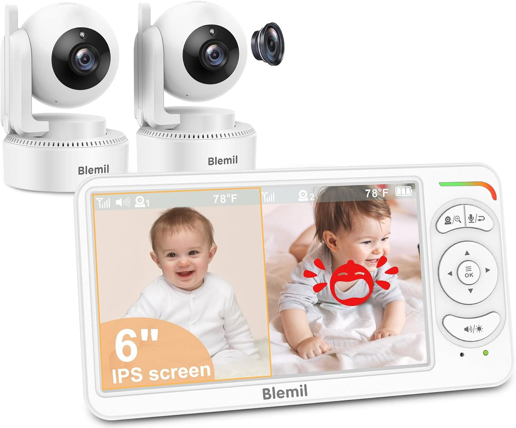 6" Split Screen Video Baby Monitor with 2 Cameras, 4000mAh Battery | Baby Monitor No WiFi, Remote Pan-Tilt-Zoom