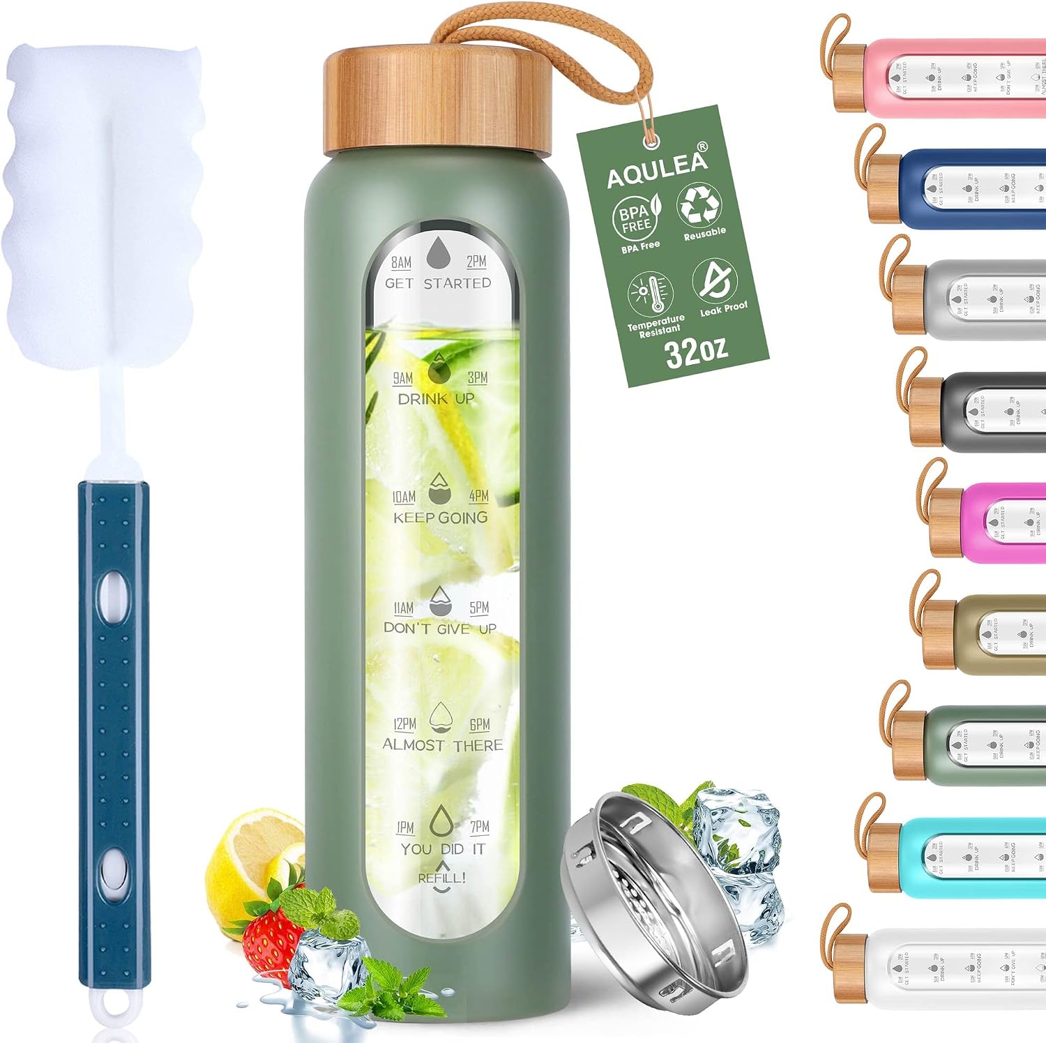 Glass Water Bottles 32 Oz with Silicone Sleeve - BPA Free Reusable Wide Mouth Glass Motivational Water Bottles with
