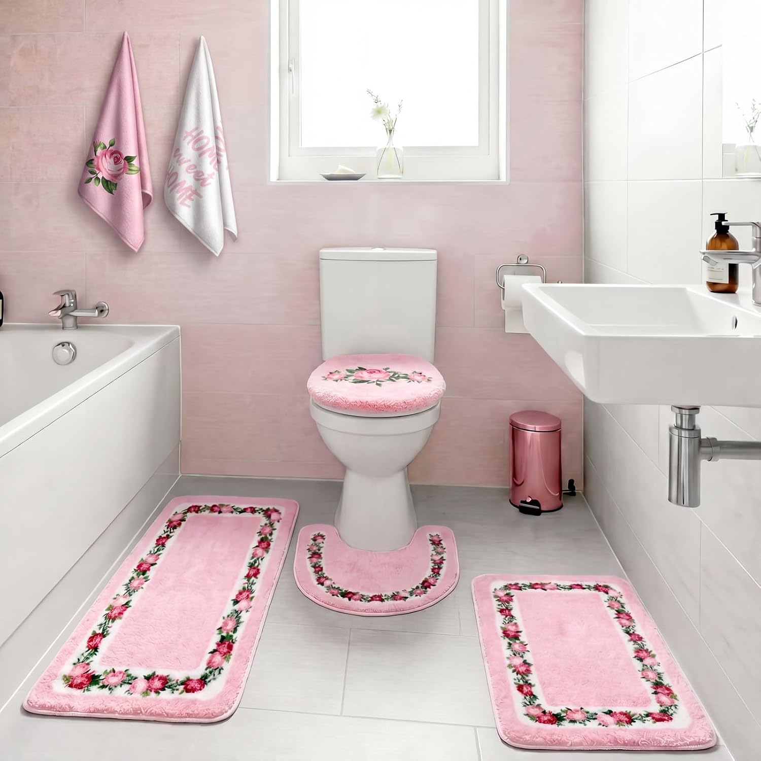 6 Pcs Pink Rose Bathroom Rugs Set with Rose Hand Towels Non Slip U-Shaped Toilet Rug Water Absorption Bath Mat for