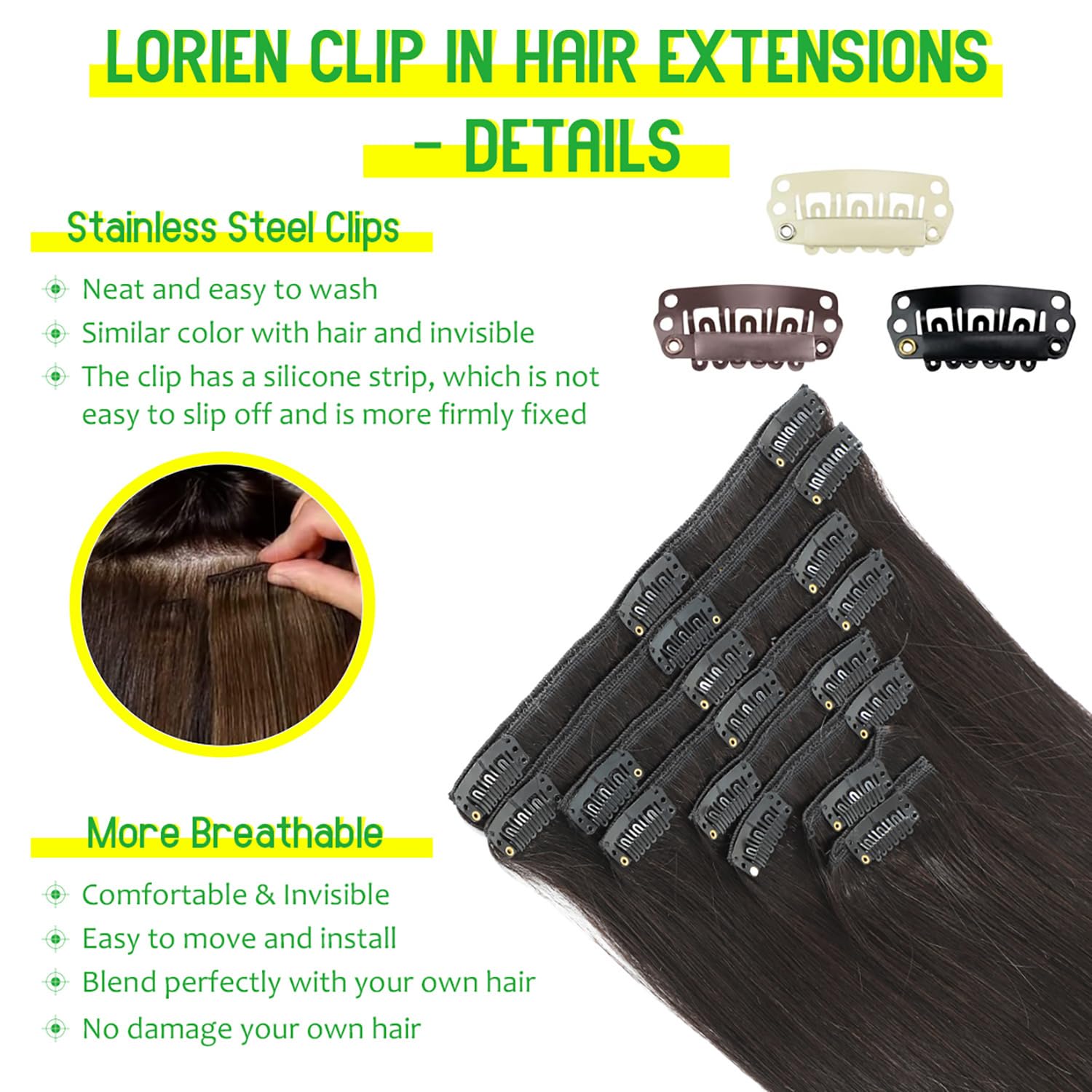 Clip in Hair Extensions Real Human Hair, 18 Inch 100g/3.6oz, 1B Natural Black, Clip in 100% Brazilian Remy Human Hair