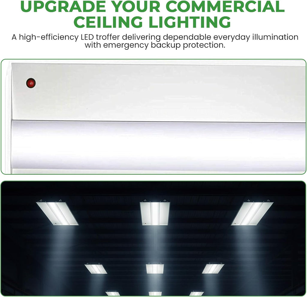 E2 Lighting 2 Pack 2x4 LED Troffer, LED Light with Emergency Battery Backup