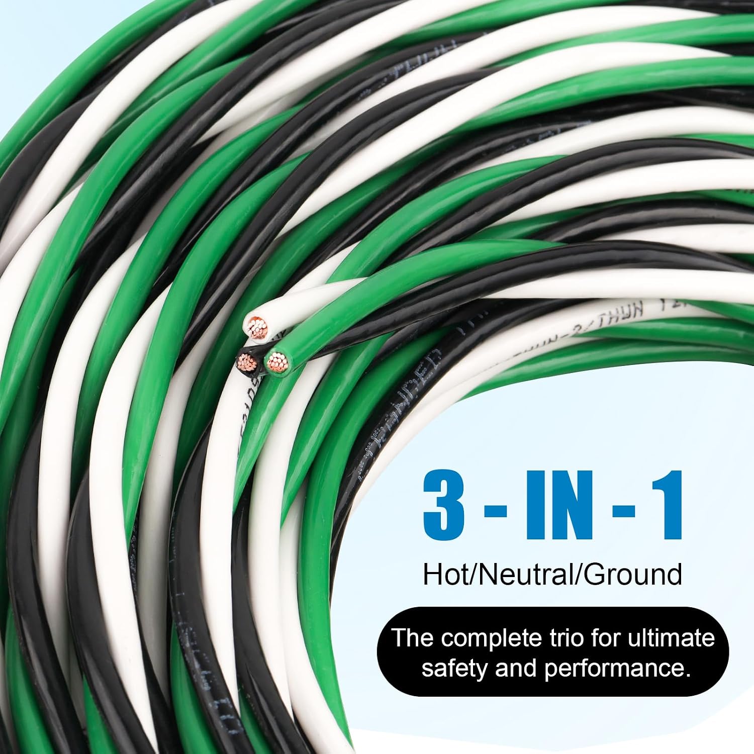 12 AWG THHN Wire 3-Conductor (Black/White/Green) – Stranded Copper, THHN/THWN-2 Rated 600V, Nylon Jacket for