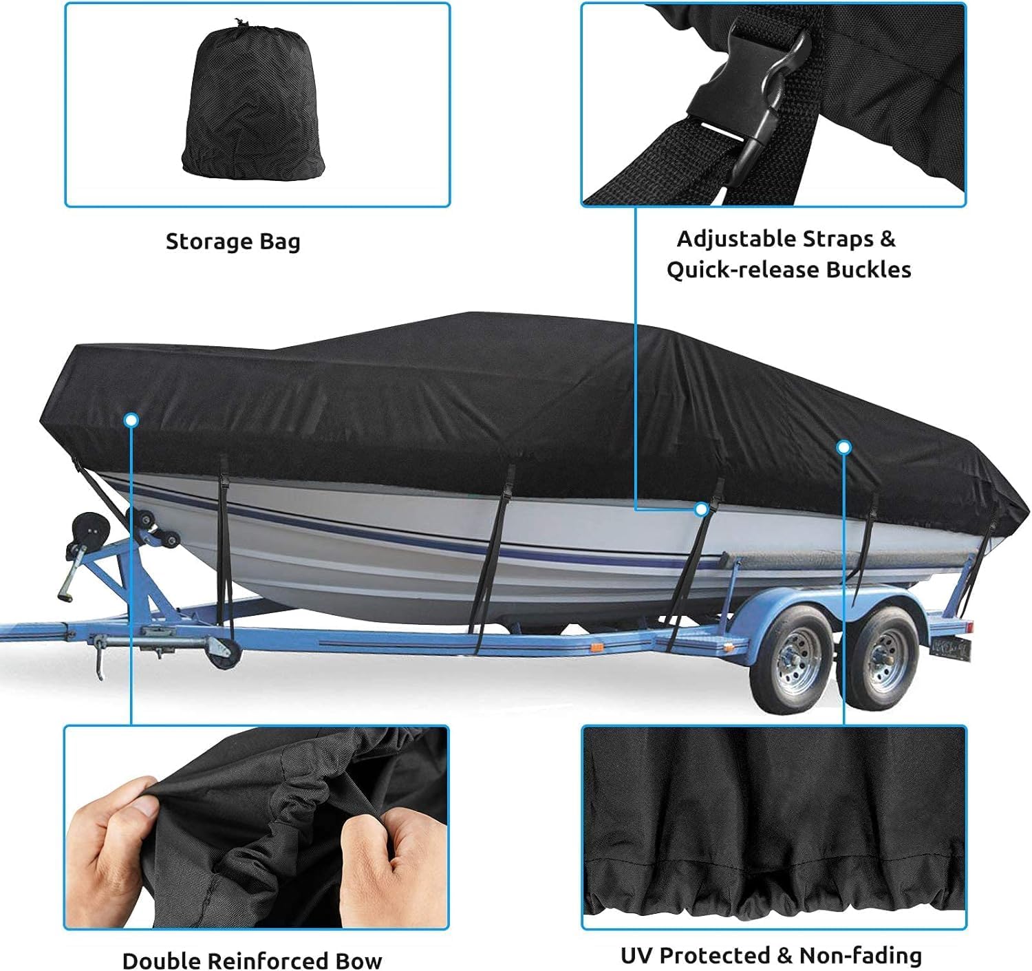 Boat Cover 16ft-18.5 ft, Waterproof Trailerable Boat Cover | Heavy Duty Covers fits Bass Boats, V-Hull, Tri-Hull