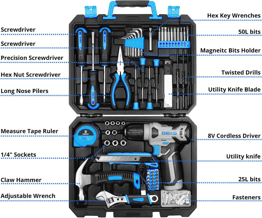 Drill Set: Tool Set with 8V Blue Cordless Drill, Home Tool Kit with Drill, Hand Tool Kits for Women 126 Piece