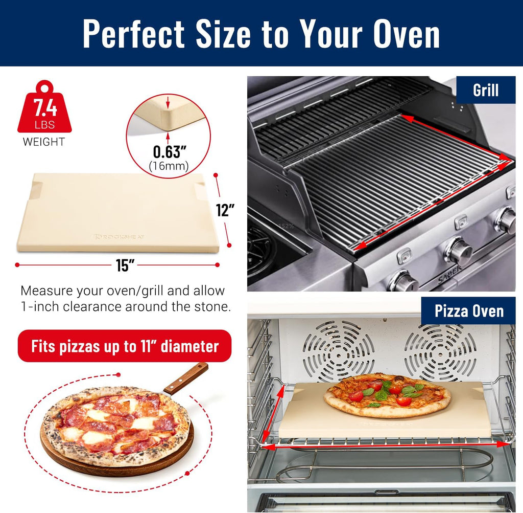 Pizza Stone for Oven and Grill, 15x12 Inch Cordierite Baking Stone with 4 Built-in Handles, 7.4lbs Heavy Duty Thermal