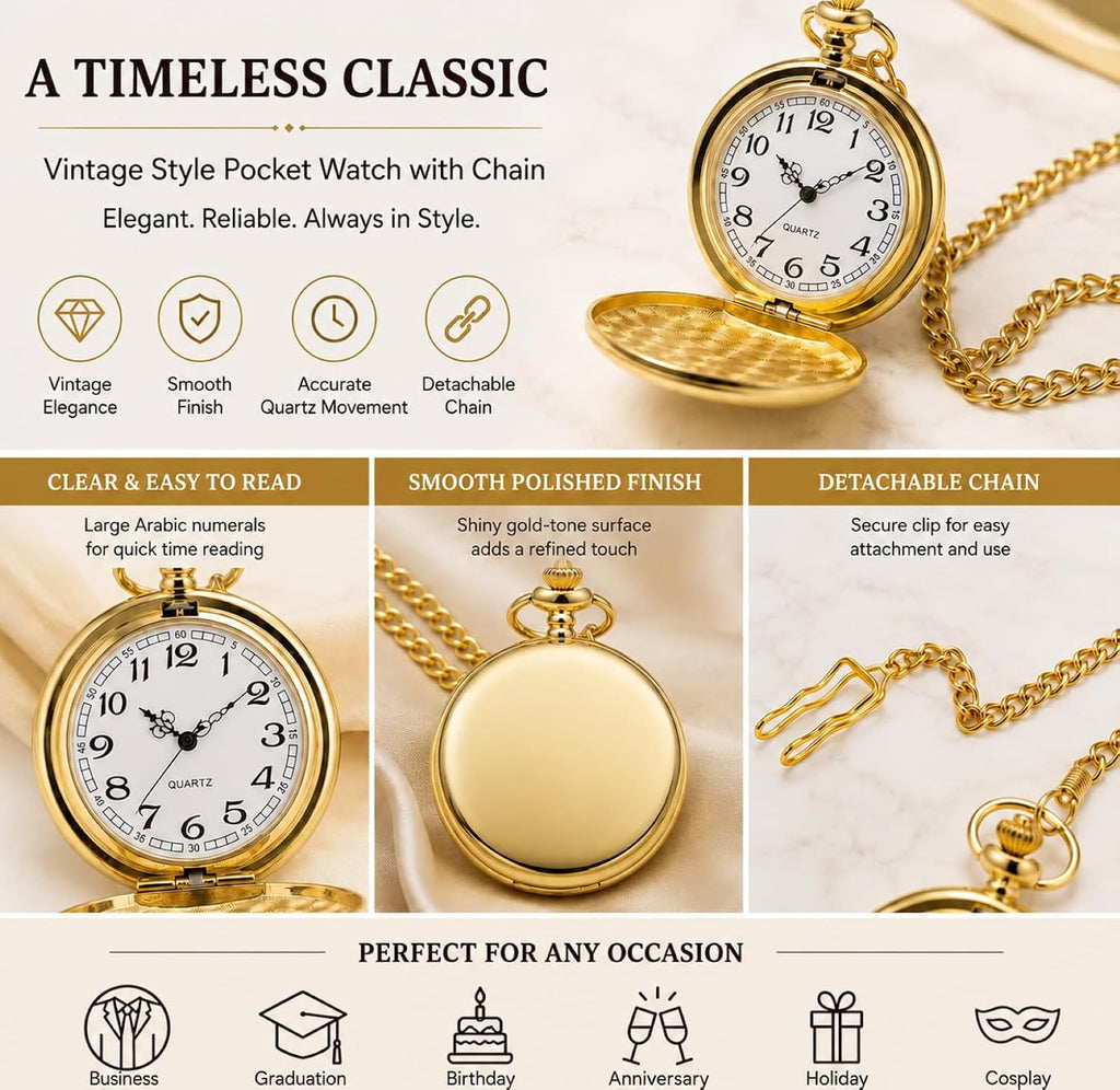 Smooth Vintage Pocket Watch with Chain (Gold)