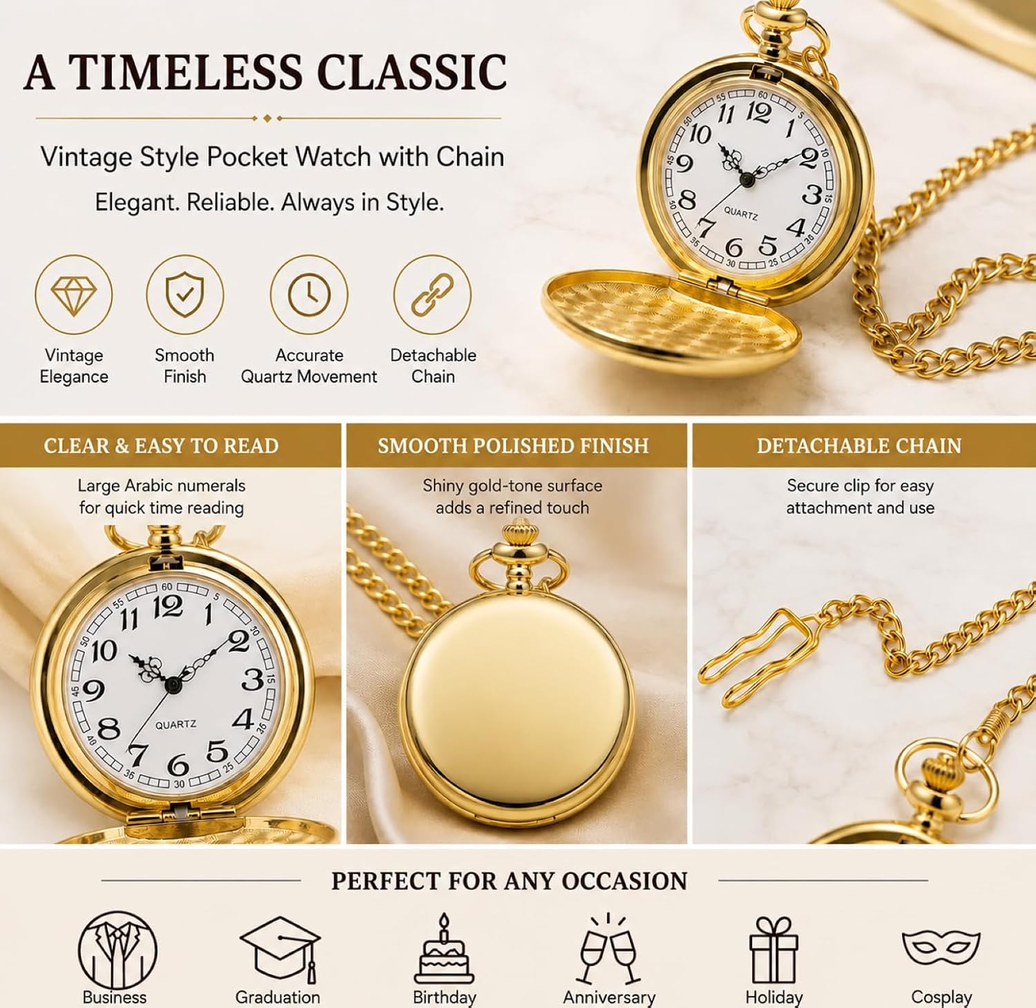 Smooth Vintage Pocket Watch with Chain (Gold)
