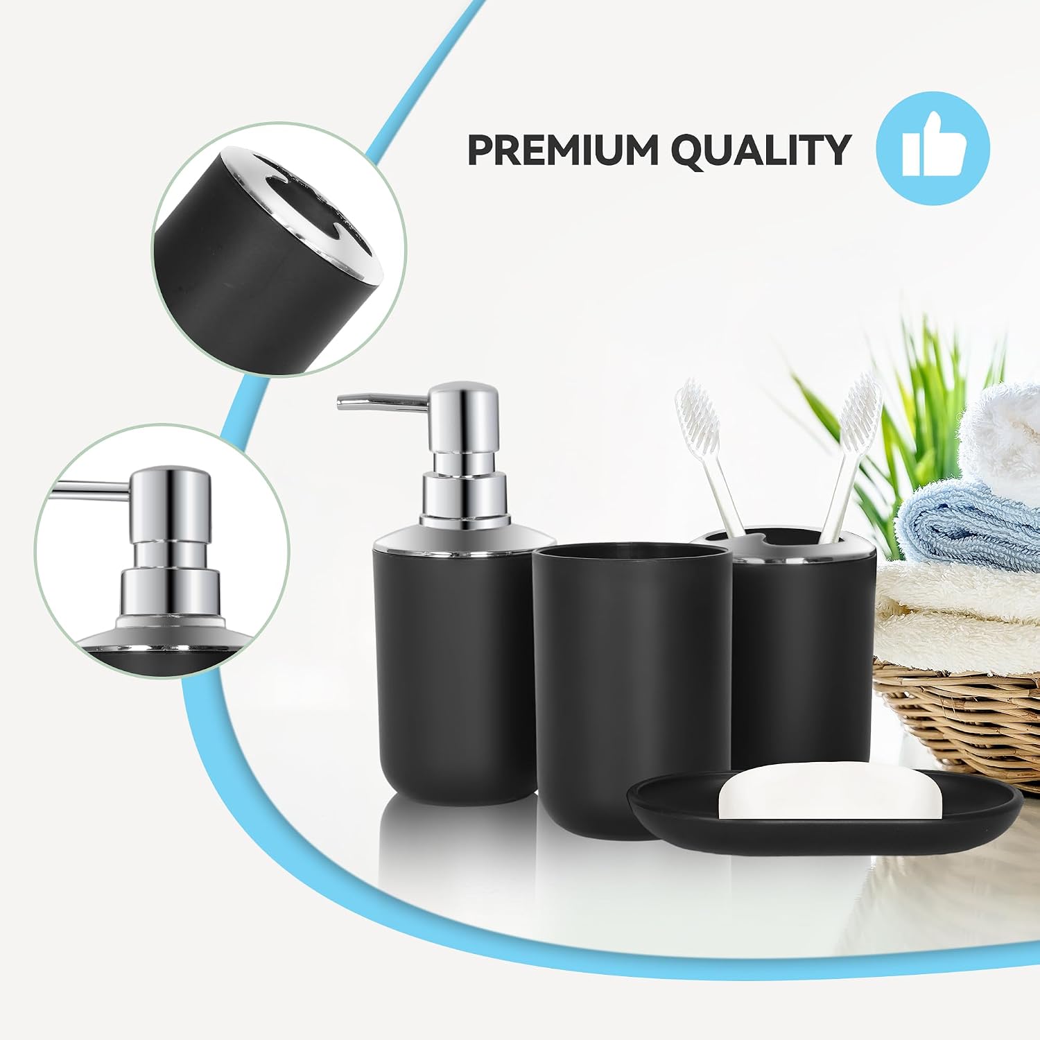 Black Bathroom Accessories Set 4 PCS, Black Bathroom Accessories | Plastic Soap Dispenser and Toothbrush Holder Set