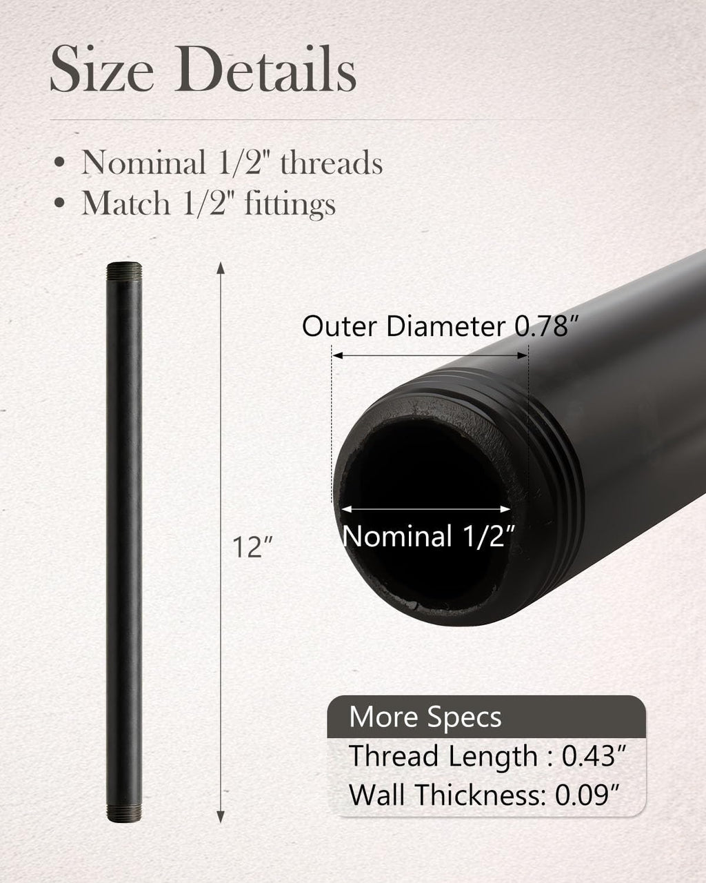 10 Pack 1/2 x 12 Inch Black Pipe Malleable Steel Nipples Fitting