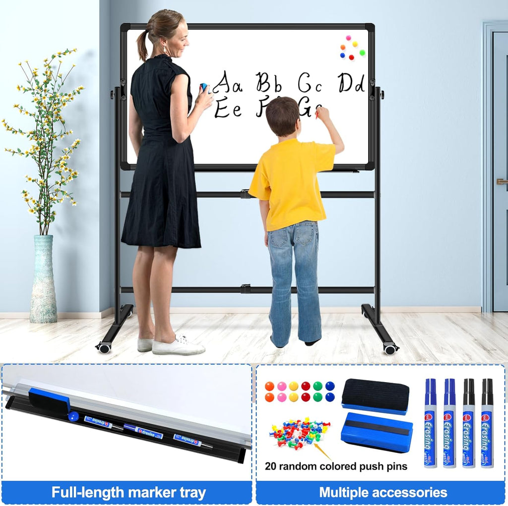 36"x24" Double-Sided Mobile Whiteboard and Cork Boards with Stand Adjustable Height and Angle Rolling Magnetic Dry