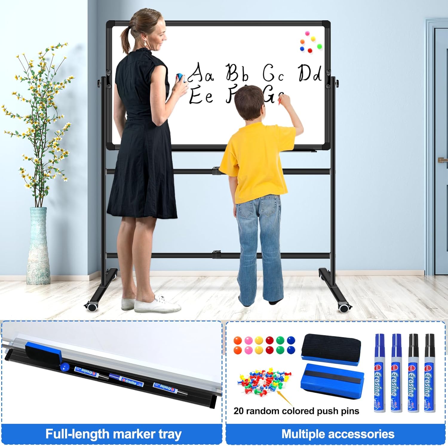 36"x24" Double-Sided Mobile Whiteboard and Cork Boards with Stand Adjustable Height and Angle Rolling Magnetic Dry
