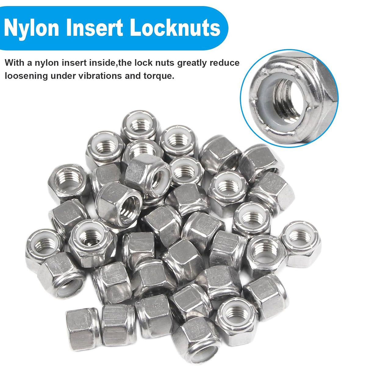 190PCS #6-32 Nylon Insert Hex Lock Nuts,304 Stainless Steel