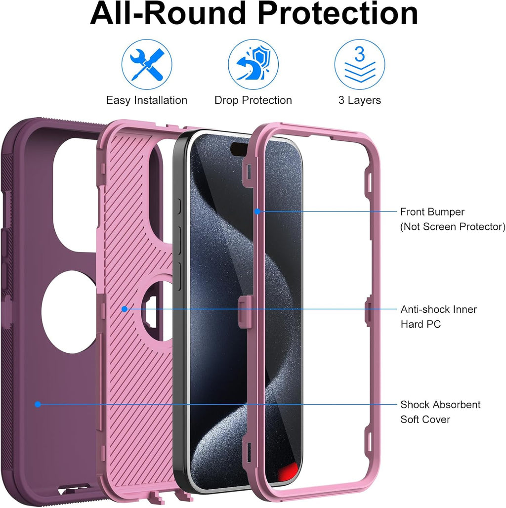 for iPhone 15 Pro Case Full Body Drop Protection, 6.1-inch Pink | Rugged Case Shockproof 2-Layer, Dustproof Heavy