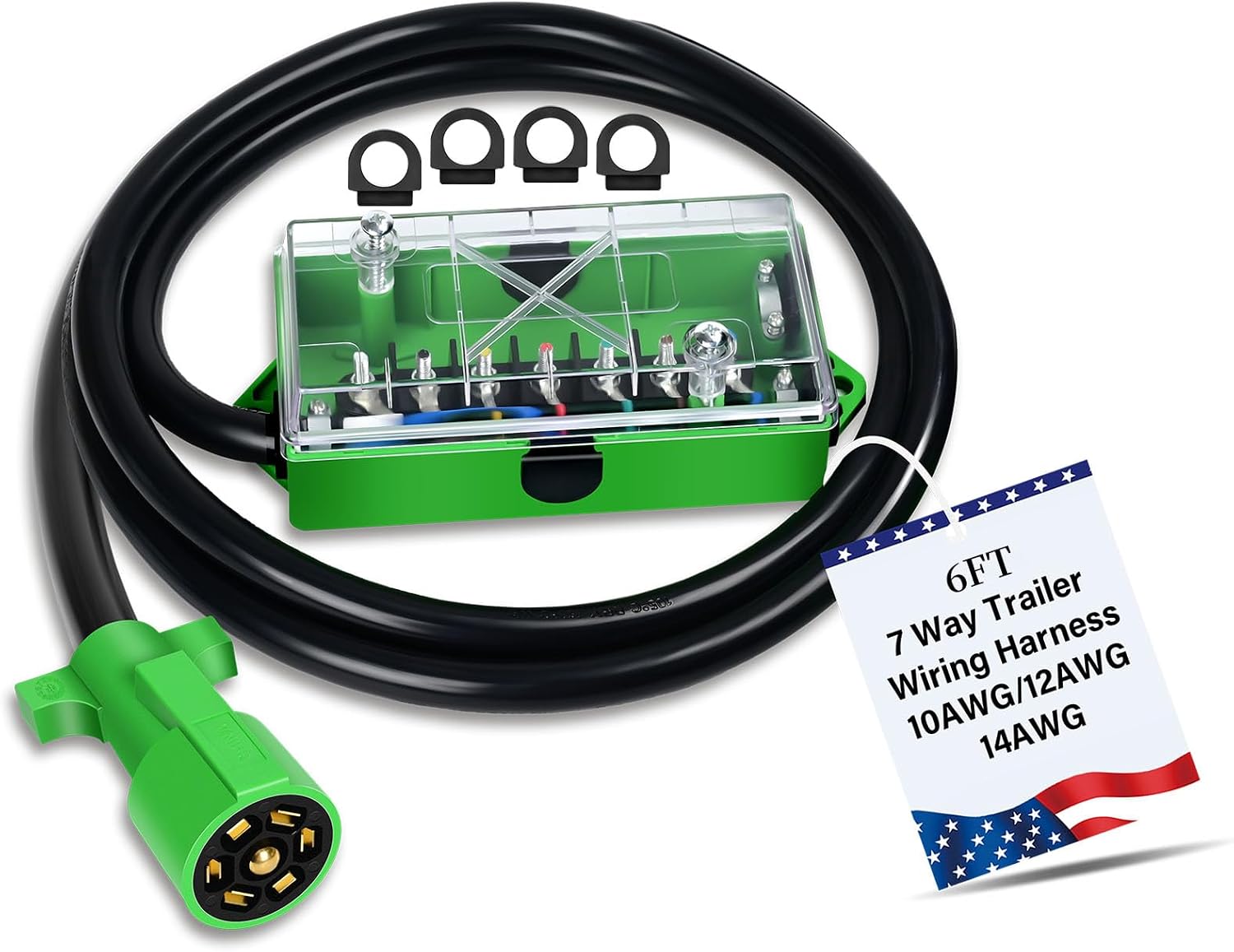 6 FT 7 Pin Trailer Wiring Harness with 7 Gang 7 Pin Trailer Junction Box Pure Copper 7 Way Plug Extension, Heavy Duty
