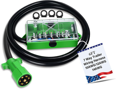 6 FT 7 Pin Trailer Wiring Harness with 7 Gang 7 Pin Trailer Junction Box Pure Copper 7 Way Plug Extension, Heavy Duty