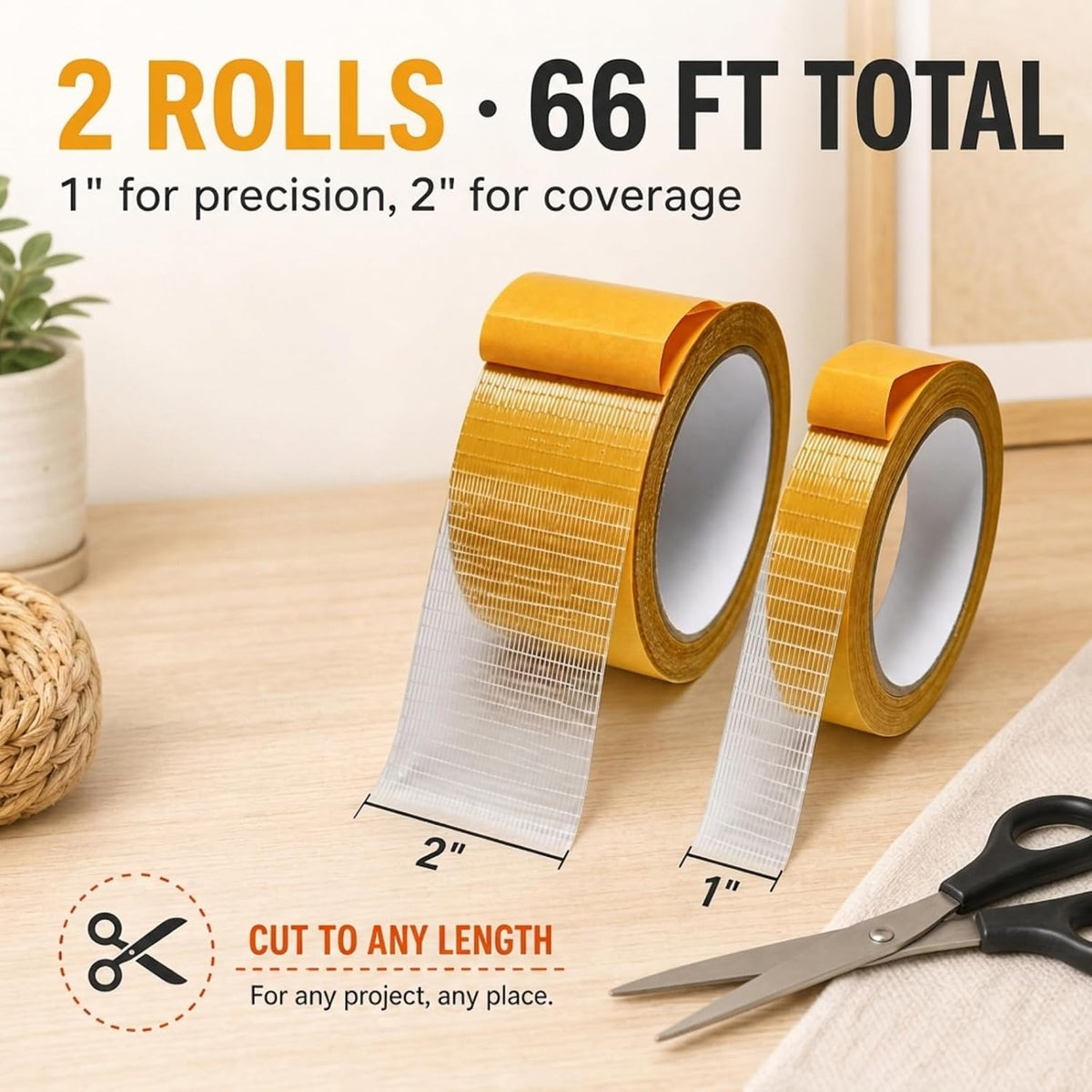Double Sided Tape Heavy Duty, 2 Rolls 33 Ft, Fiberglass Mesh Mounting Tape
