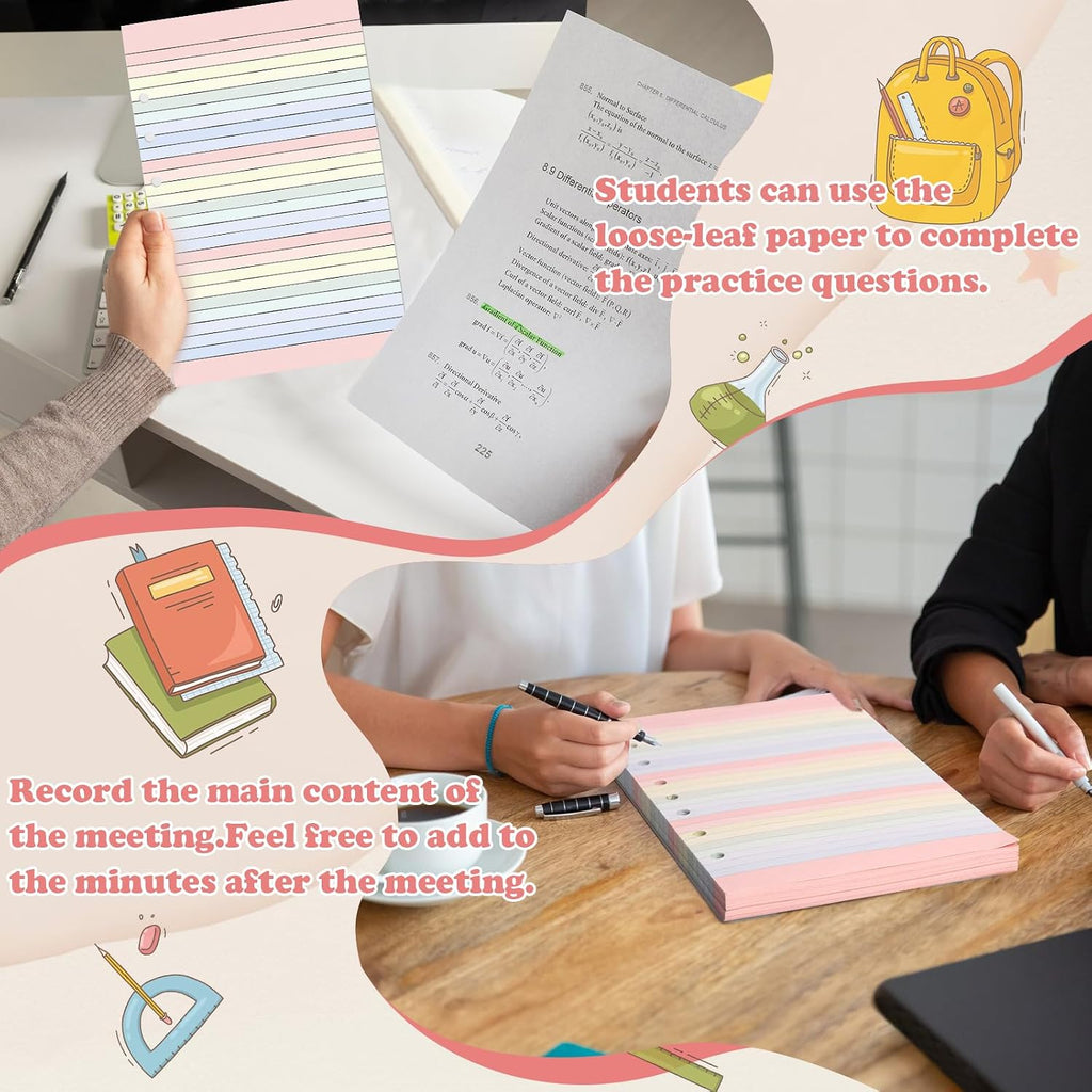 Colored Loose Leaf Paper 5.5" x 8.5" 7-Hole Lined Filler Paper College Ruled Notebook Refill Pad Pastel Colored Lined