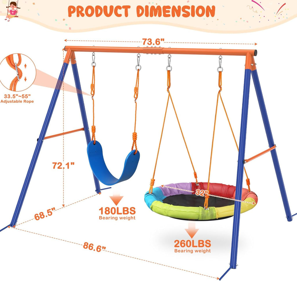 Swing Set for Backyard, 32" Saucer and Belt Seat, 440 lb Frame | 2 swing styles in one frame: 32" saucer for sharing