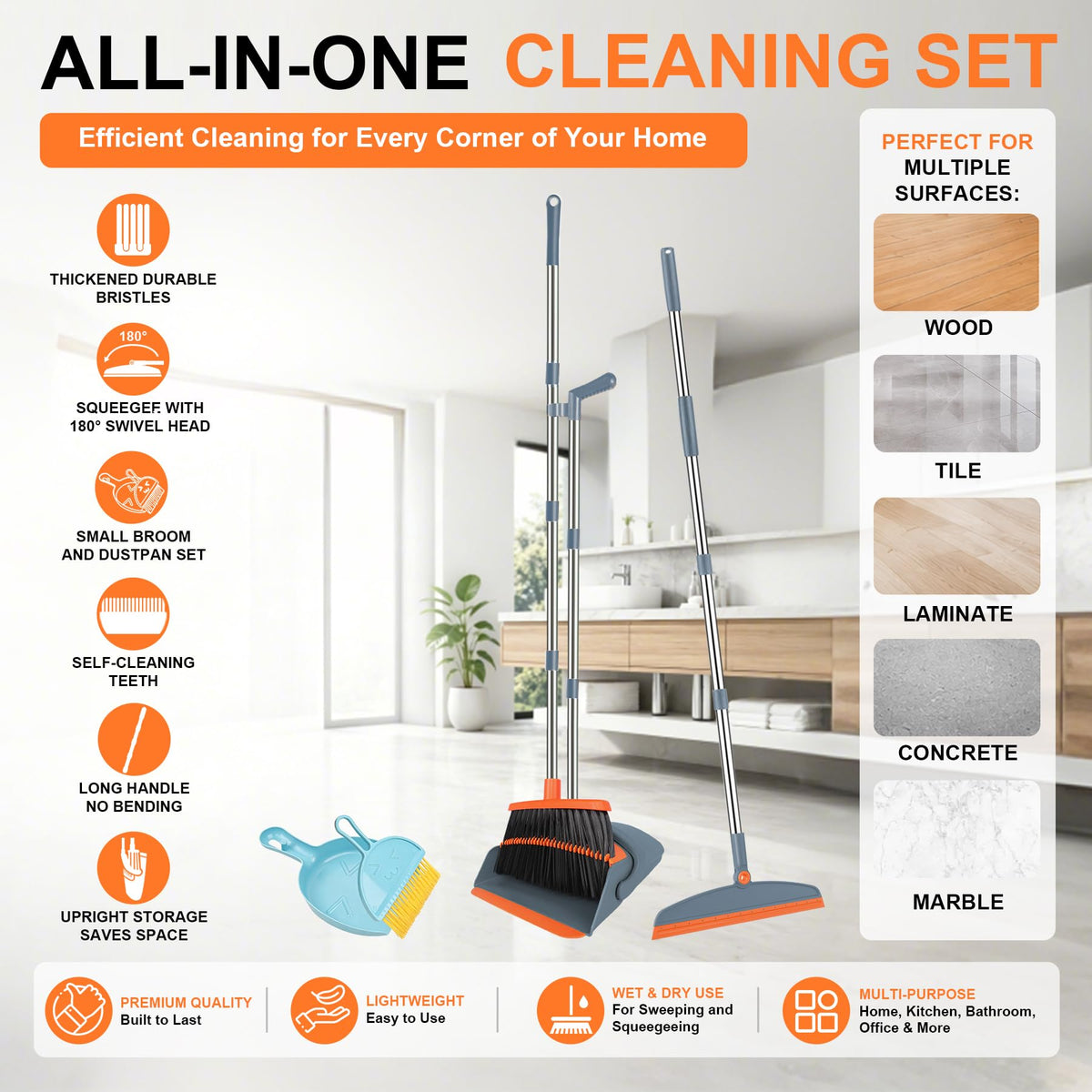 Broom and Dustpan Combo Set, 52" Long Handle with Squeegee & Mini Set