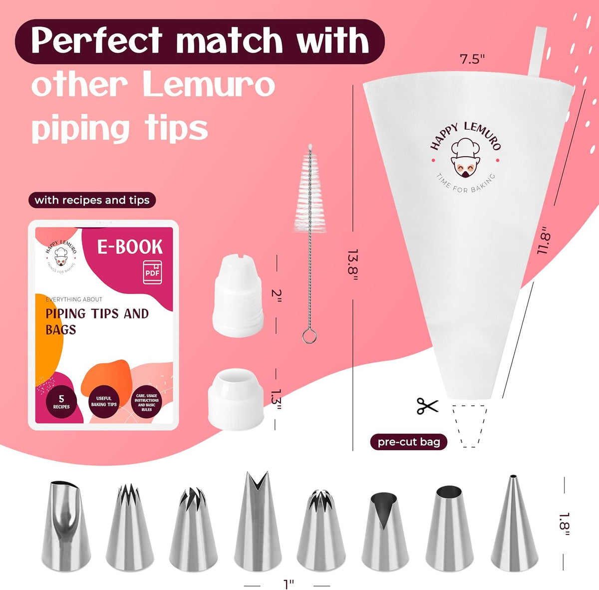 Professional Baking Piping Bags and Tips Set - Cotton Reusable Piping Bag 14" with 8 Stainless Steel Large Pastry