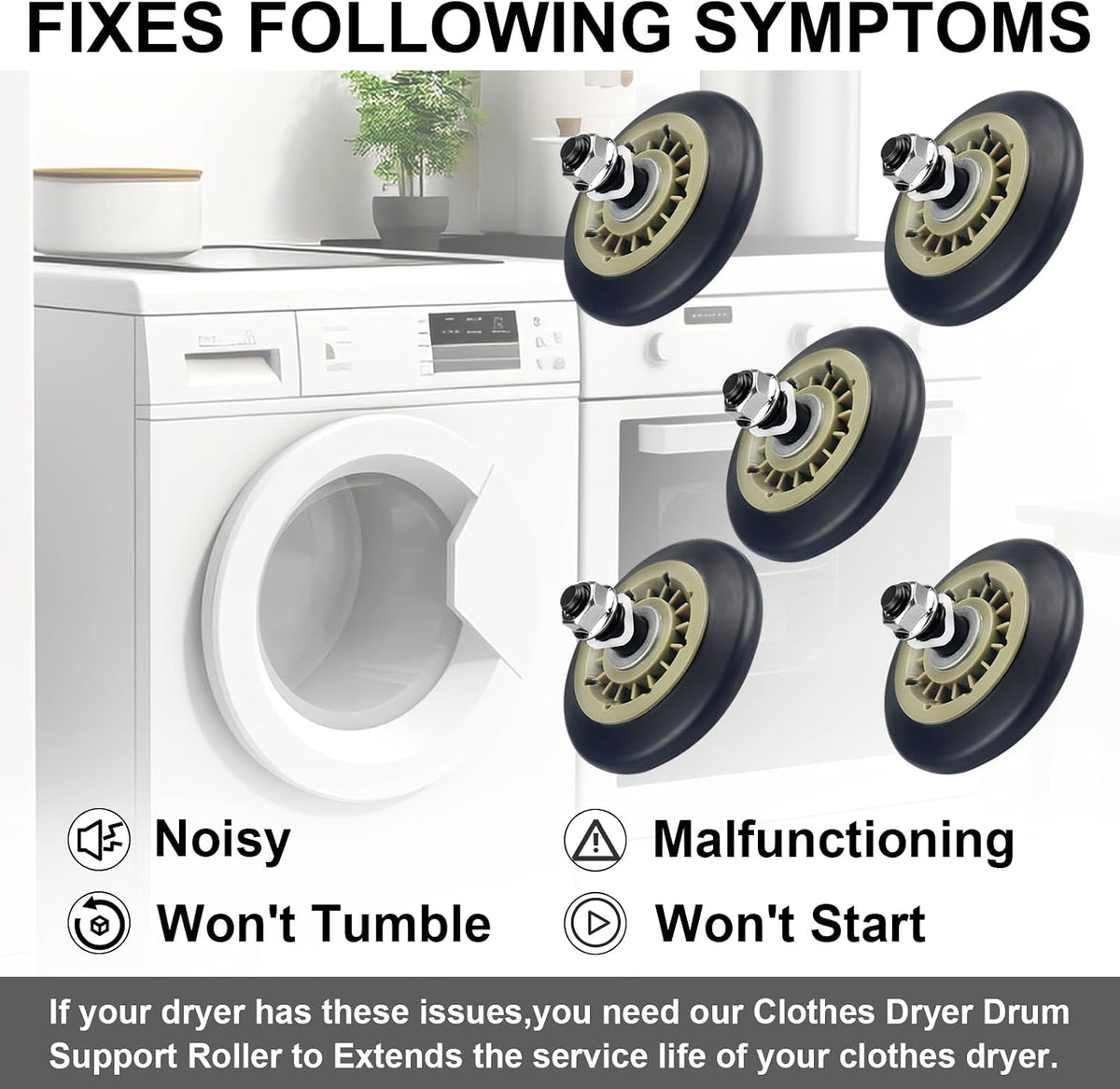 5 Pack 134715900 Drum Support Roller Clothes Dryer Repair Kit Compatible With Elect-rolux Frigi-daire Dryer Maintenance Kit Drum Support Wheel Replaces 5304523155 4961000 AP6979841 PS12746506