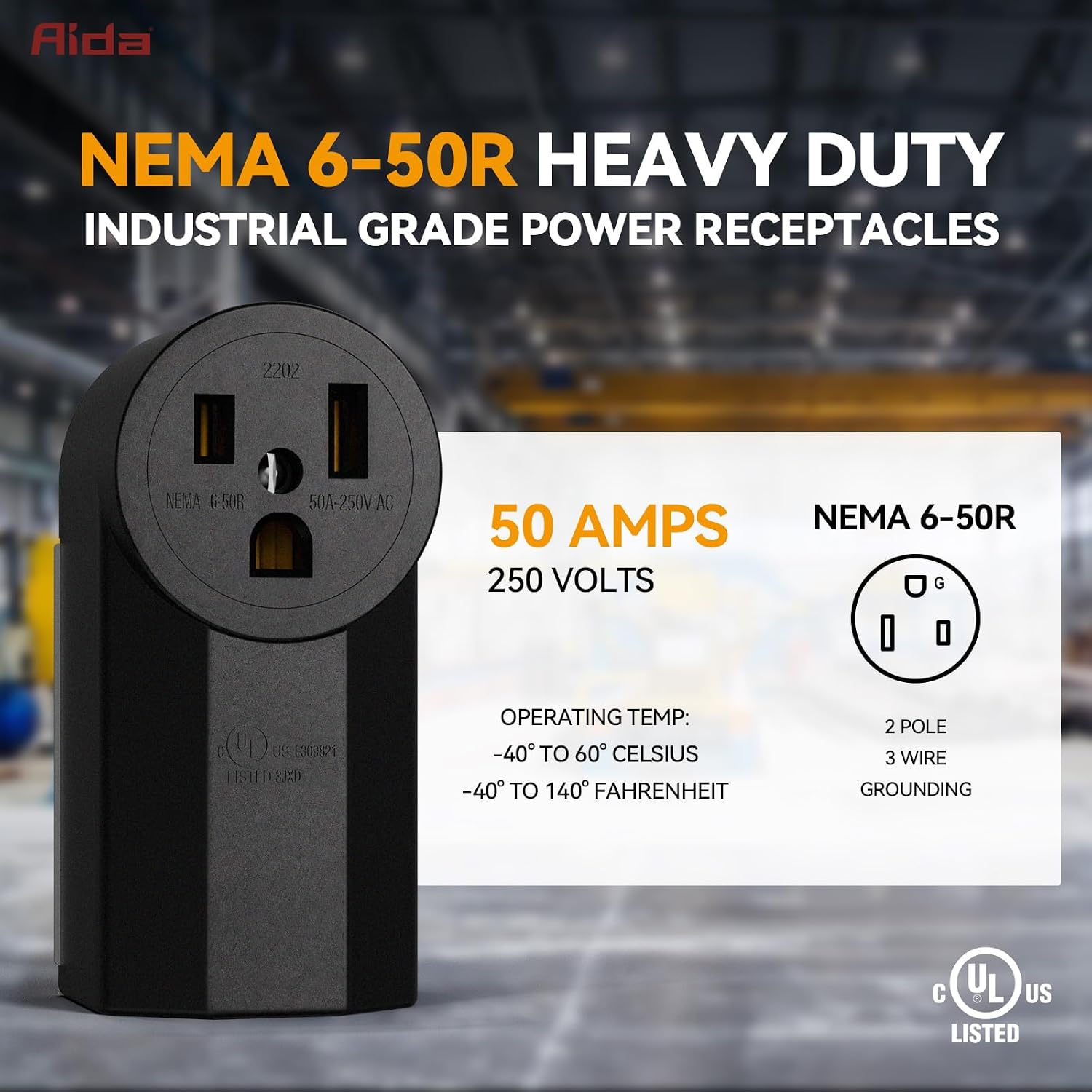 50 Amp 250 Volt 6-50R 2-Pole, 3-Wire Grounding Surface Mount Power Dryer Receptacle Outlet, Back Wire, AL/CU, UL